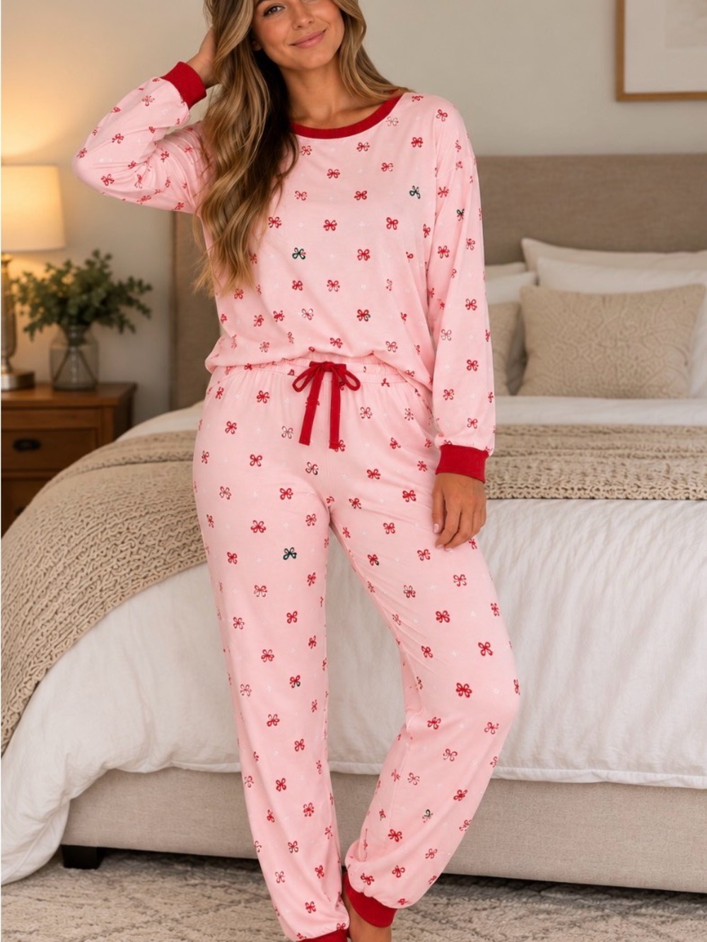 Women's Pink Long-Sleeve Pajama Set with Red Trim